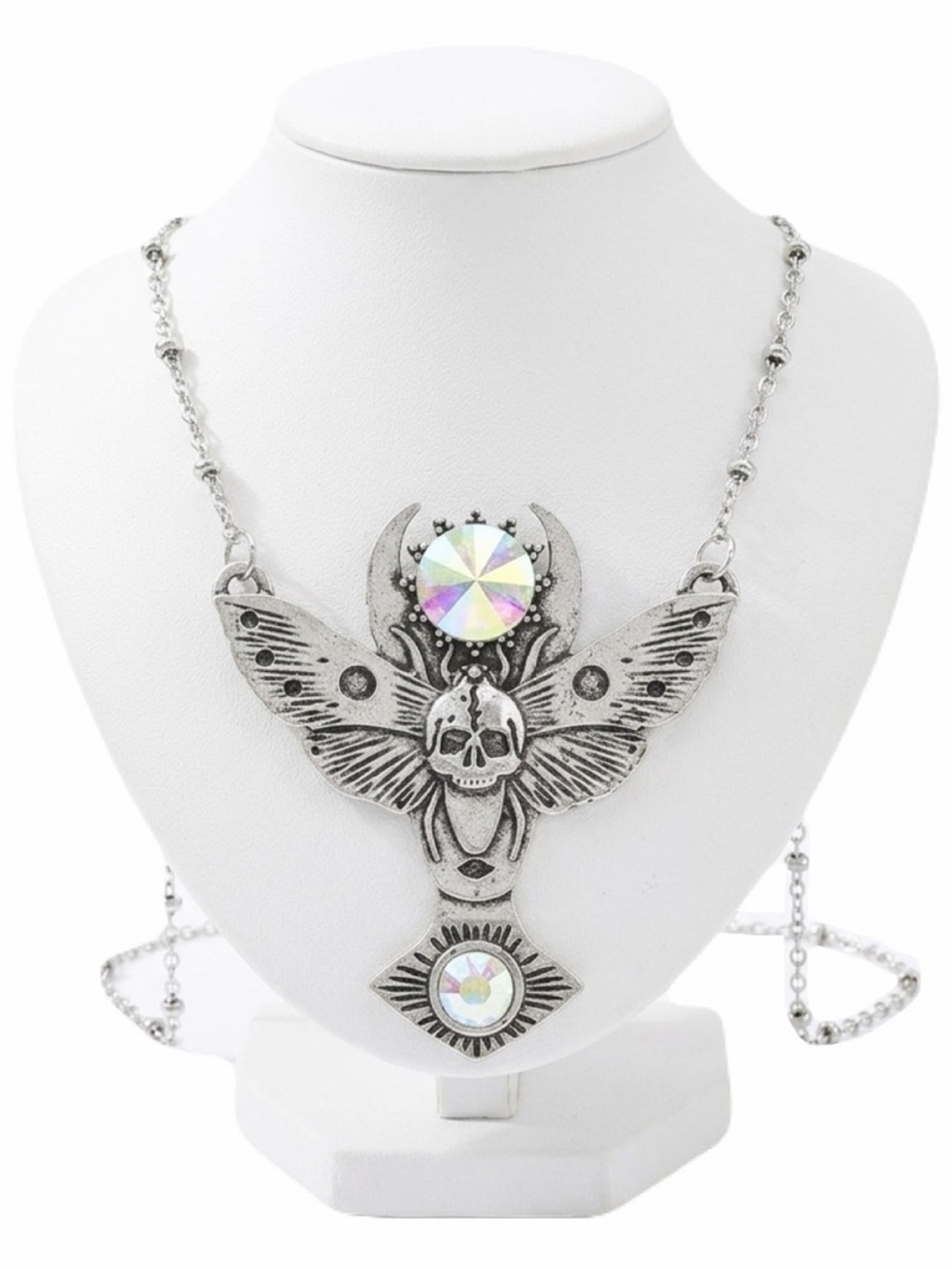 New Stainless Steel Butterfly Skull Rainbow Gemstone Pendant Necklace - Picture 1 of 11